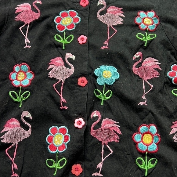 Michael Simon lite Button Cardigan embroidered flowers and flamingos sz S - Picture 2 of 8